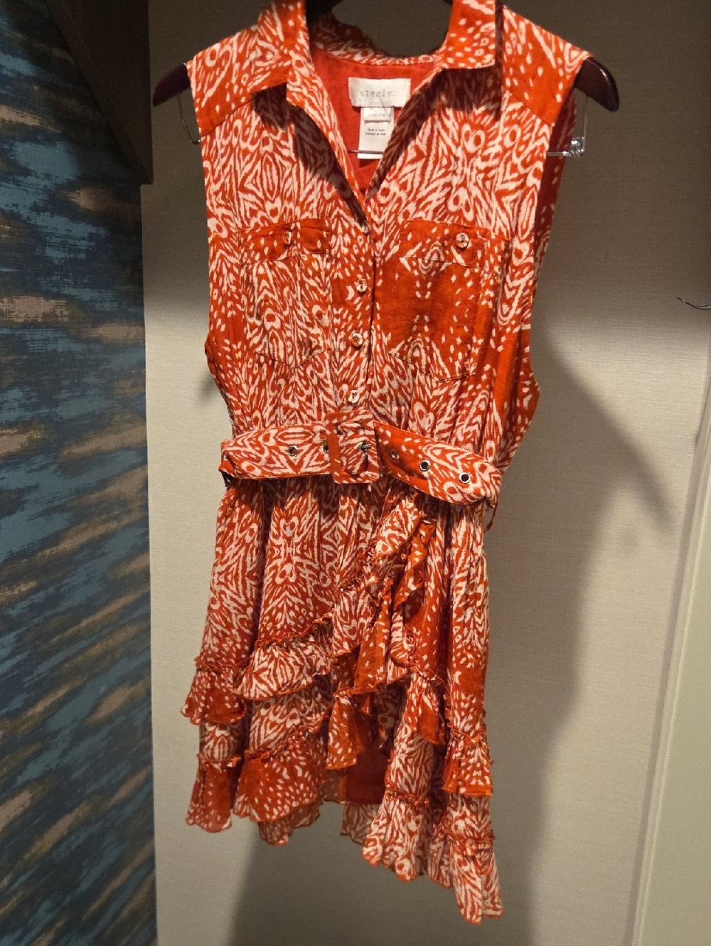 Sleeveless Terra Cotta Printed Belted Mini Dress